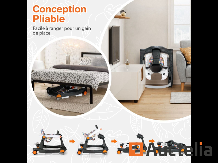 Trotteur Bébé Pliable 2 en 1 Hauteur et Vitesse Réglables Effet